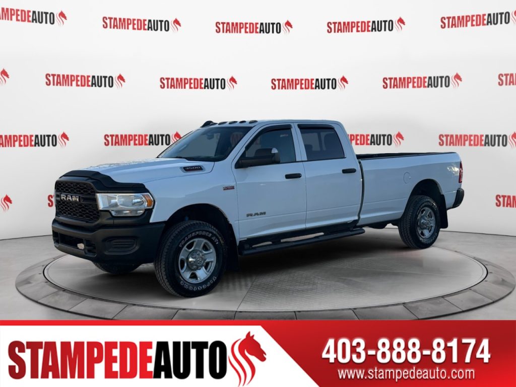 2021 Ram 3500 Tradesman | 4X4 | V8 | LONG BOX | CREW CAB | REMOTE START | SPRAY IN BED LINER | STEERING WHEEL CONTROLS | BLUETOOTH | USB PORTS | STEP BARS | TRAILER BRAKE | Stampede Auto